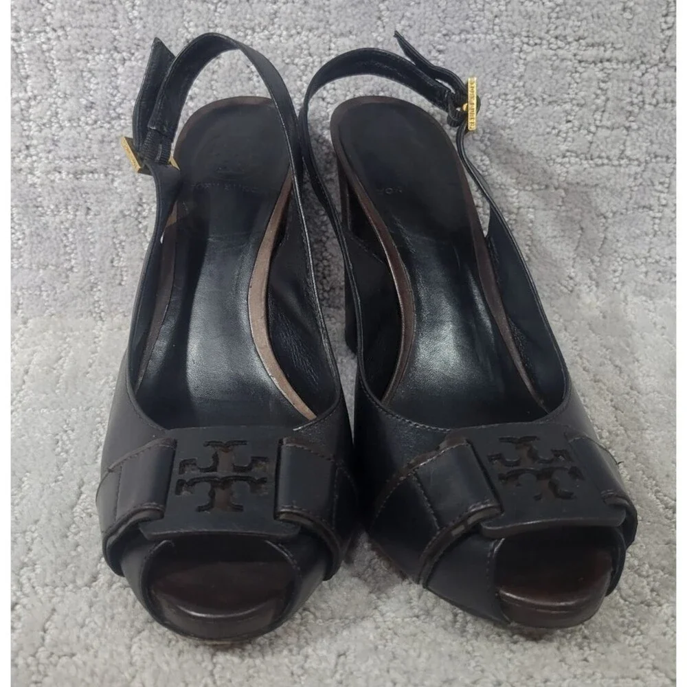Tory Burch Tennyson Women's Size US 9.5 M Black Leather Slingback Heels Sandals.